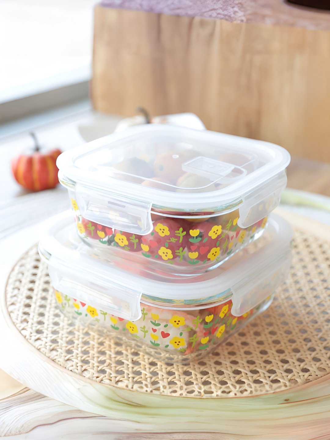 

UMAI Transparent 2-pcs Printed Borosilicate Microwave Safe Kitchen Containers With Lid