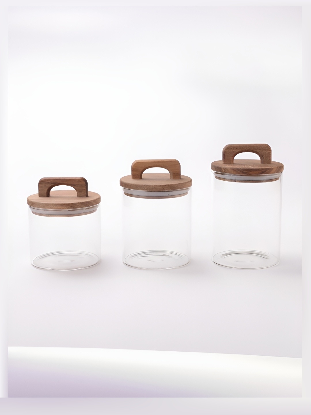 

UMAI 3 Pcs Transparent & Brown Borosilicate Glass Jar With Wooden Lid