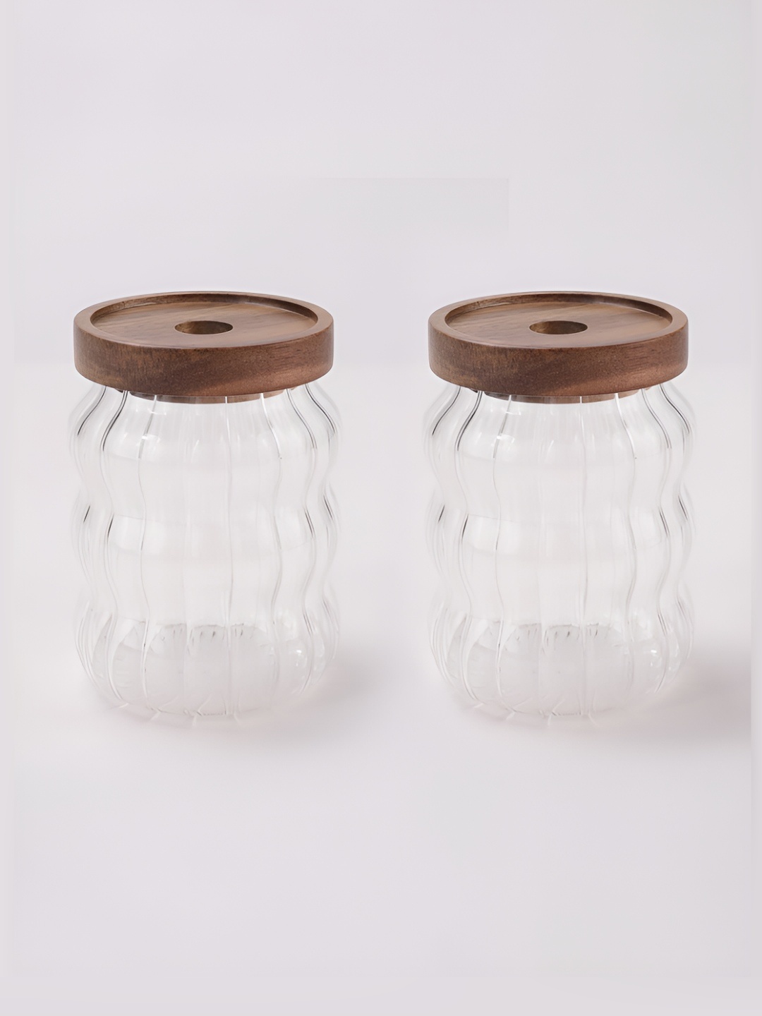 

UMAI Transparent & Brown 2-pcs Textured Glass Jar With Acacia Lid