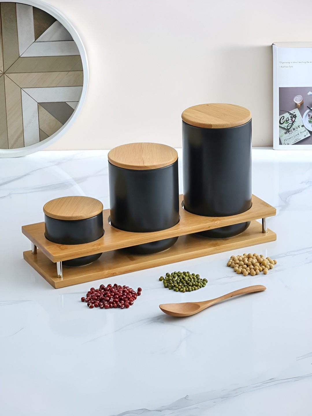 

UMAI Black 3-pcs Ceramic Jars Set With Bamboo Lid & Stand