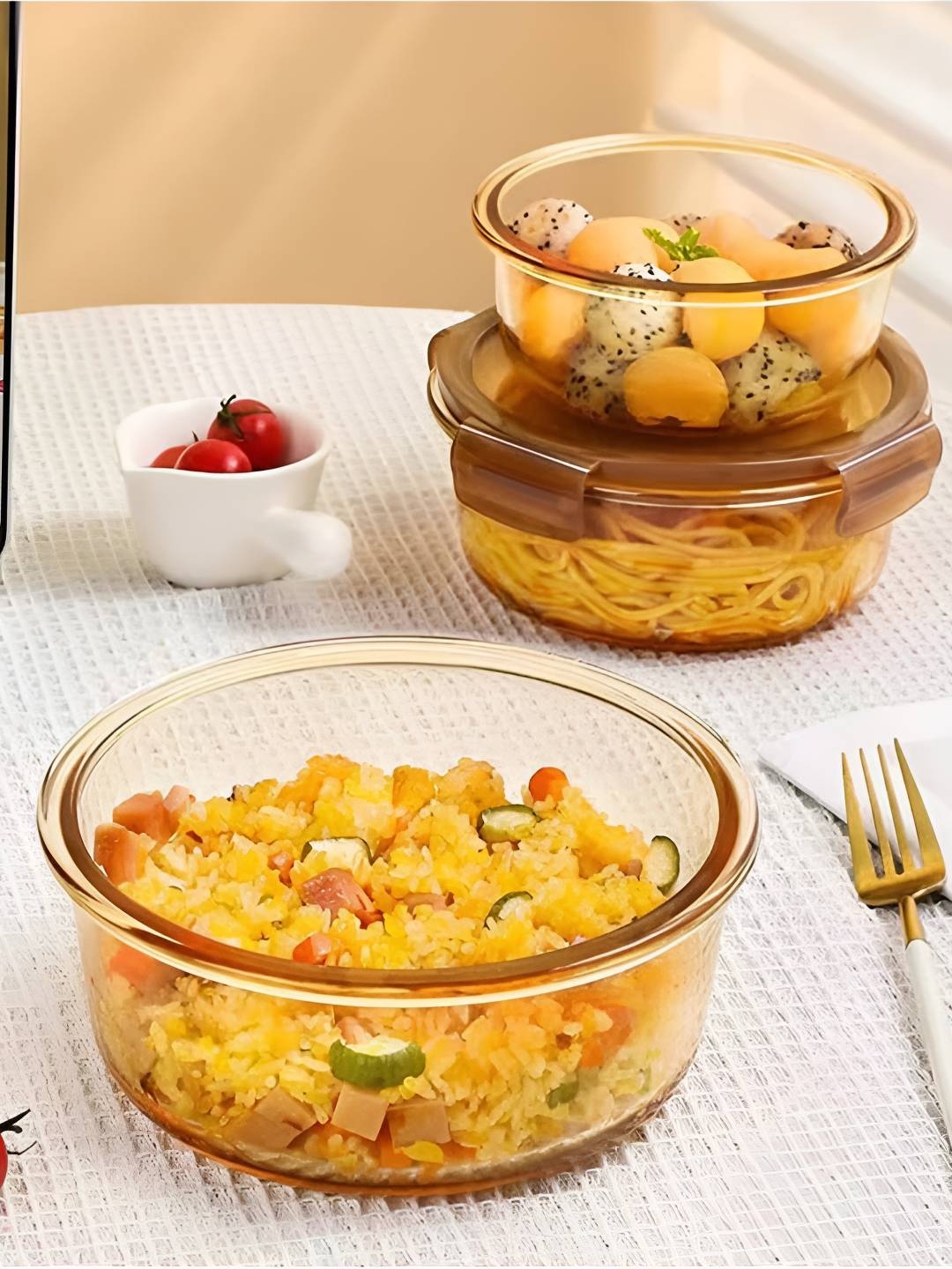 

UMAI Amber-colored 3-pcs Borosilicate Glass Kitchen Containers Set With Lid 365 ml, Yellow