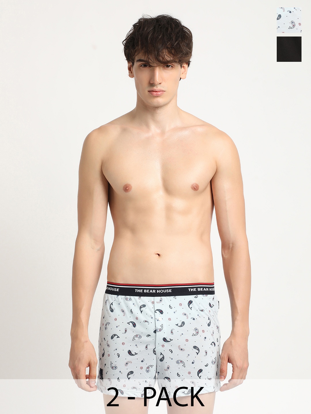 

THE BEAR HOUSE Men Pack Of 2 Printed Pure Cotton Boxers BOX-HILOR-MC, Black