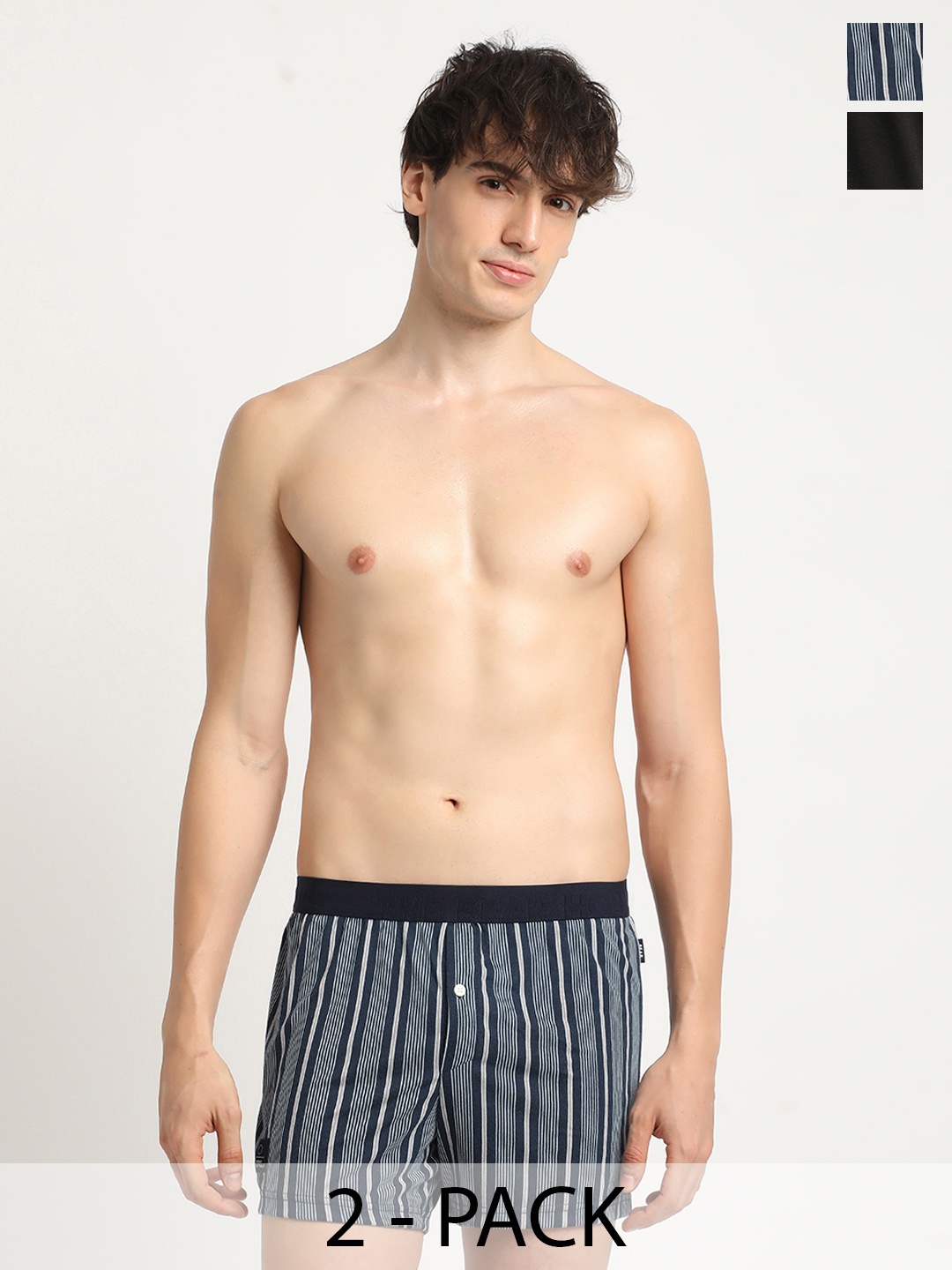 

THE BEAR HOUSE Men Pack Of 2 Striped Pure Cotton Boxers, Grey