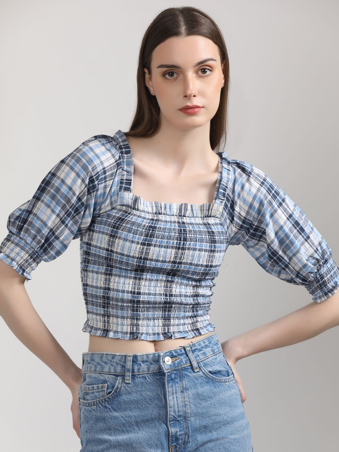 

BOTNIA Checked Square Neck Puff Sleeves Smocked Cotton Fitted Crop Top, Blue