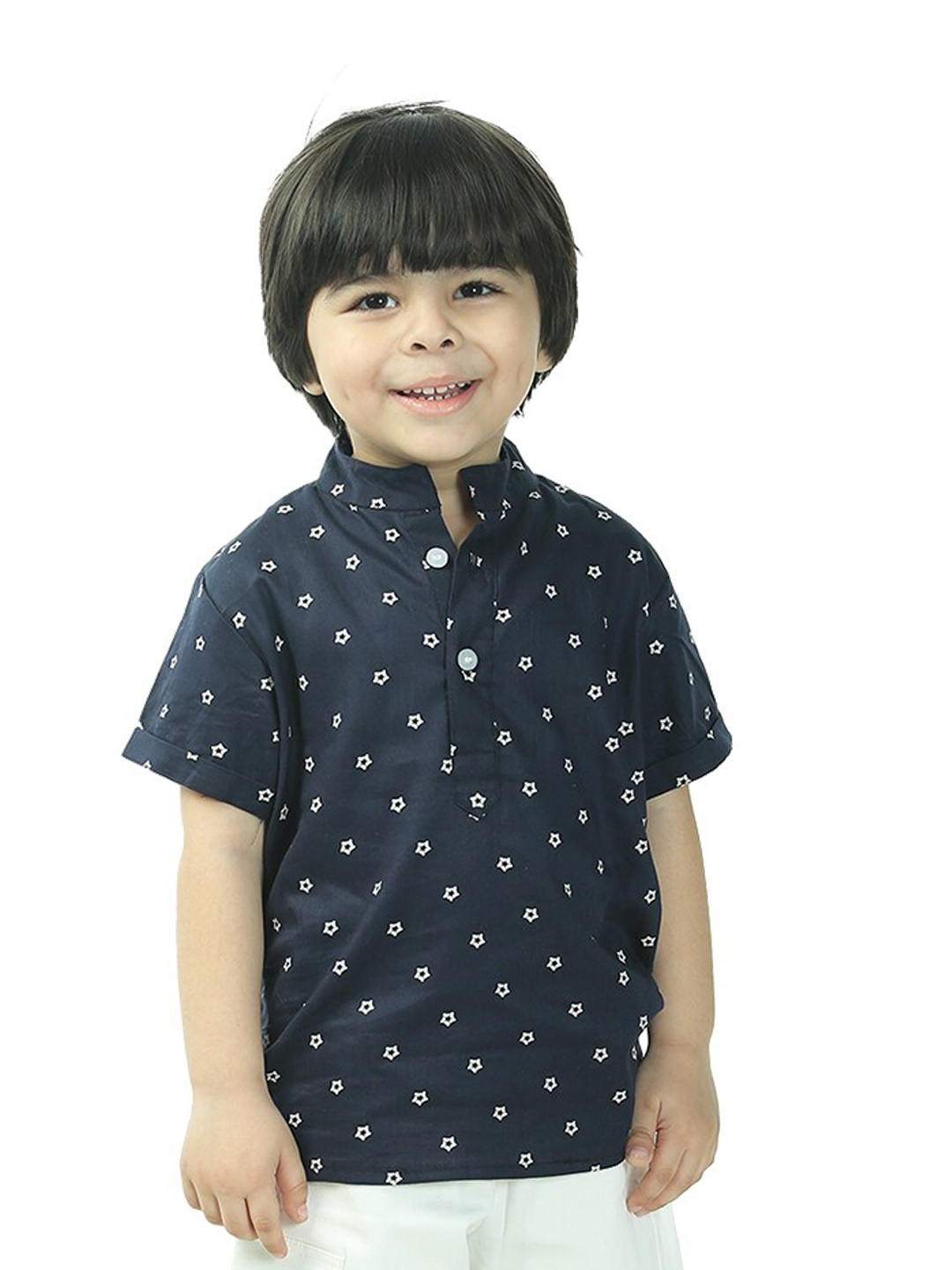 

Freesia Array Boys Mandarin Collar Floral Printed Straight Kurta, Navy blue