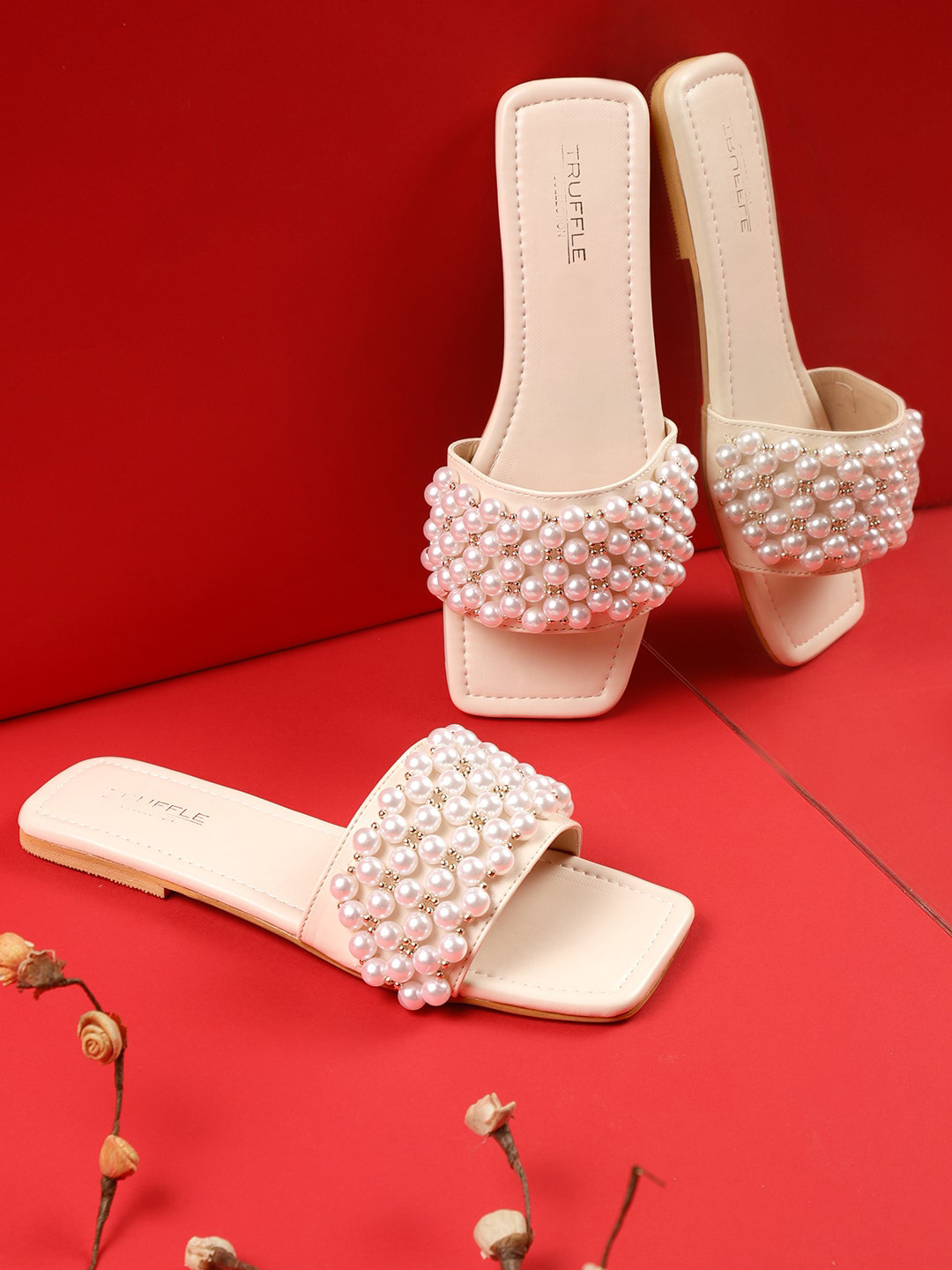 

Truffle Collection Embellished Open Toe Flats, Beige
