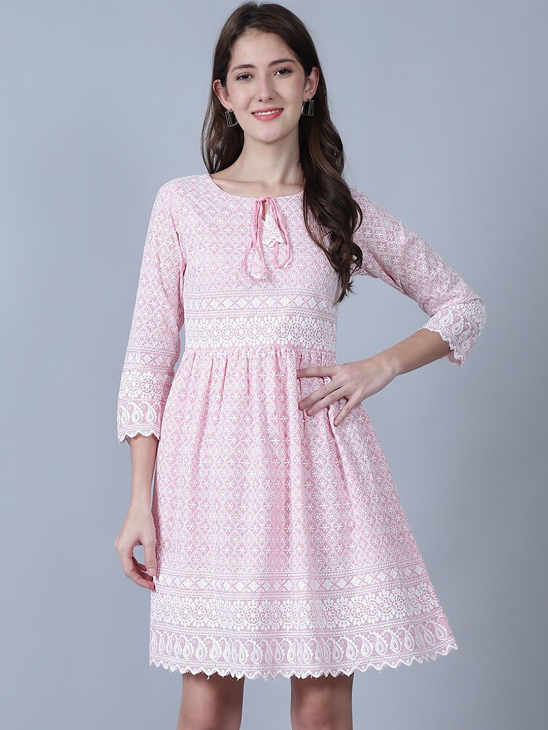 

MARC LOUIS Geometric Embroidered Keyhole Neck Fit & Flare Dress, Pink