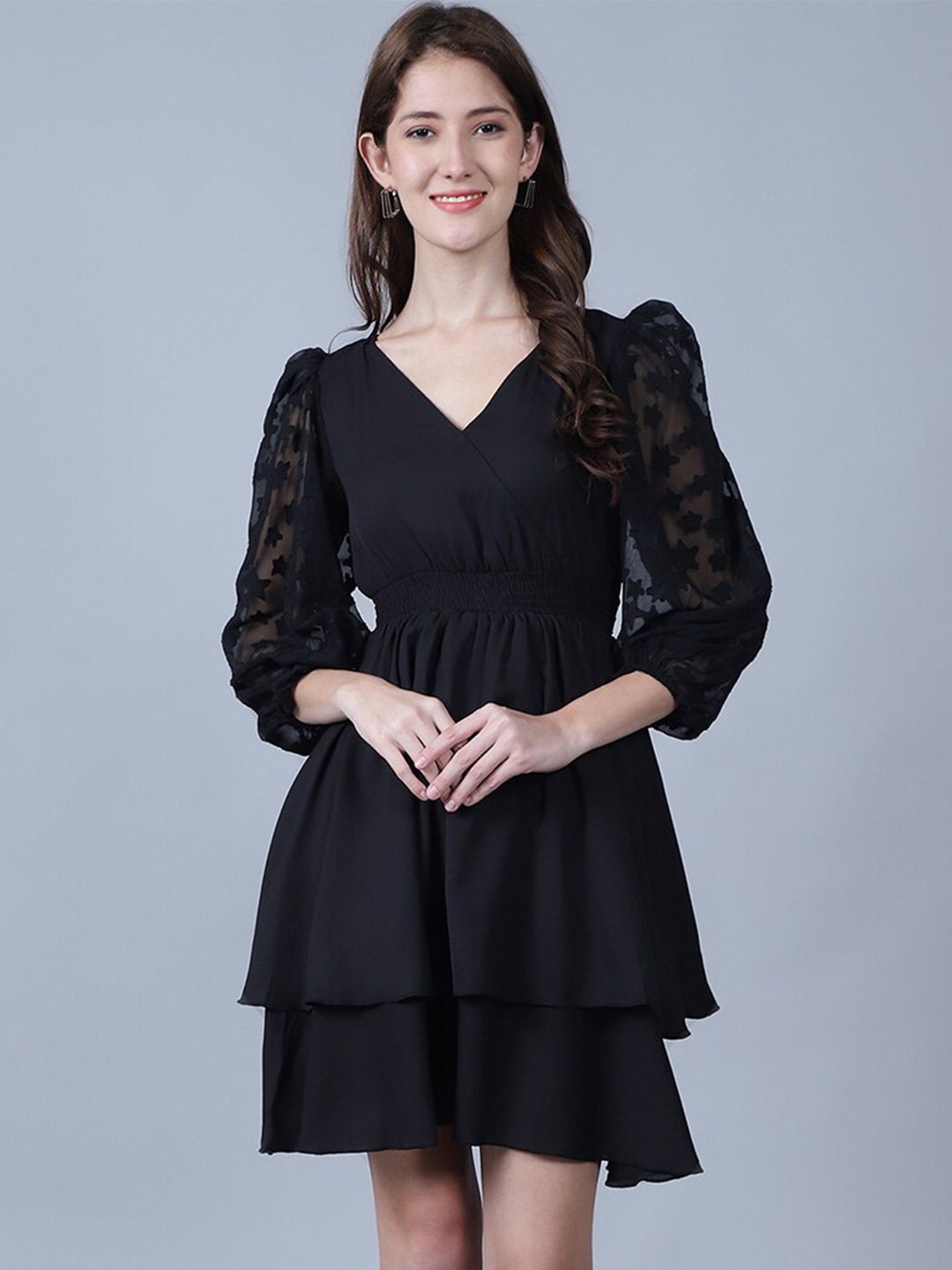 

MARC LOUIS Puff Sleeve Georgette Fit & Flare Dress, Black