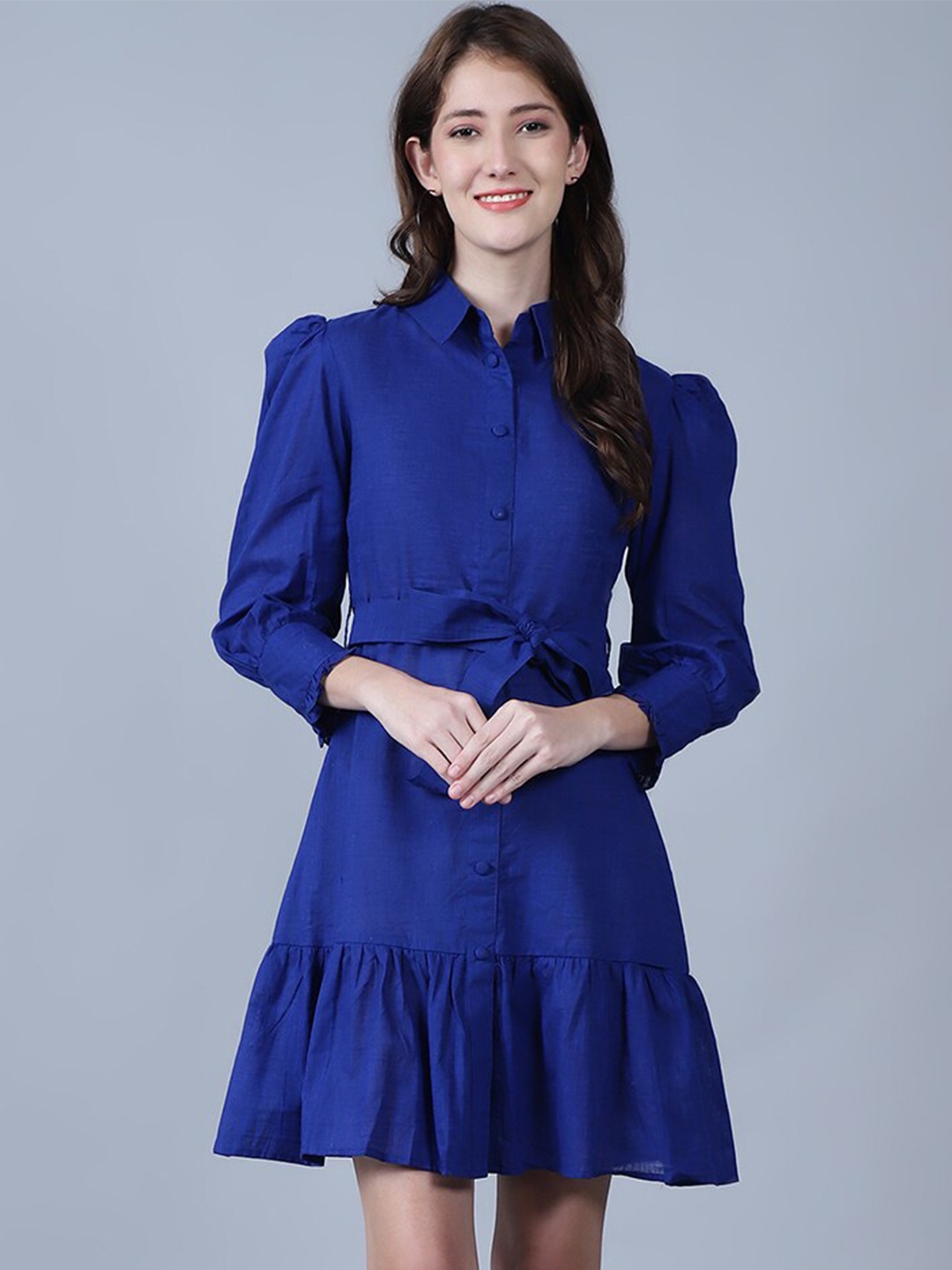 

MARC LOUIS Puff Sleeves Cotton Shirt Dress, Blue