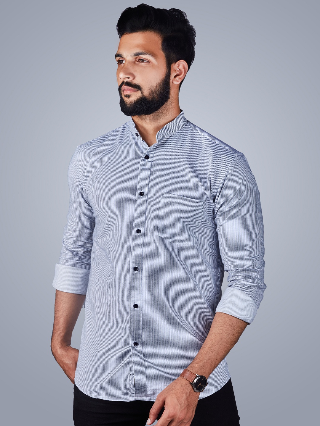 

INDIAN THREADS India Slim Vertical Stripes Band Collar Slim Fit Cotton Casual Shirt, Blue