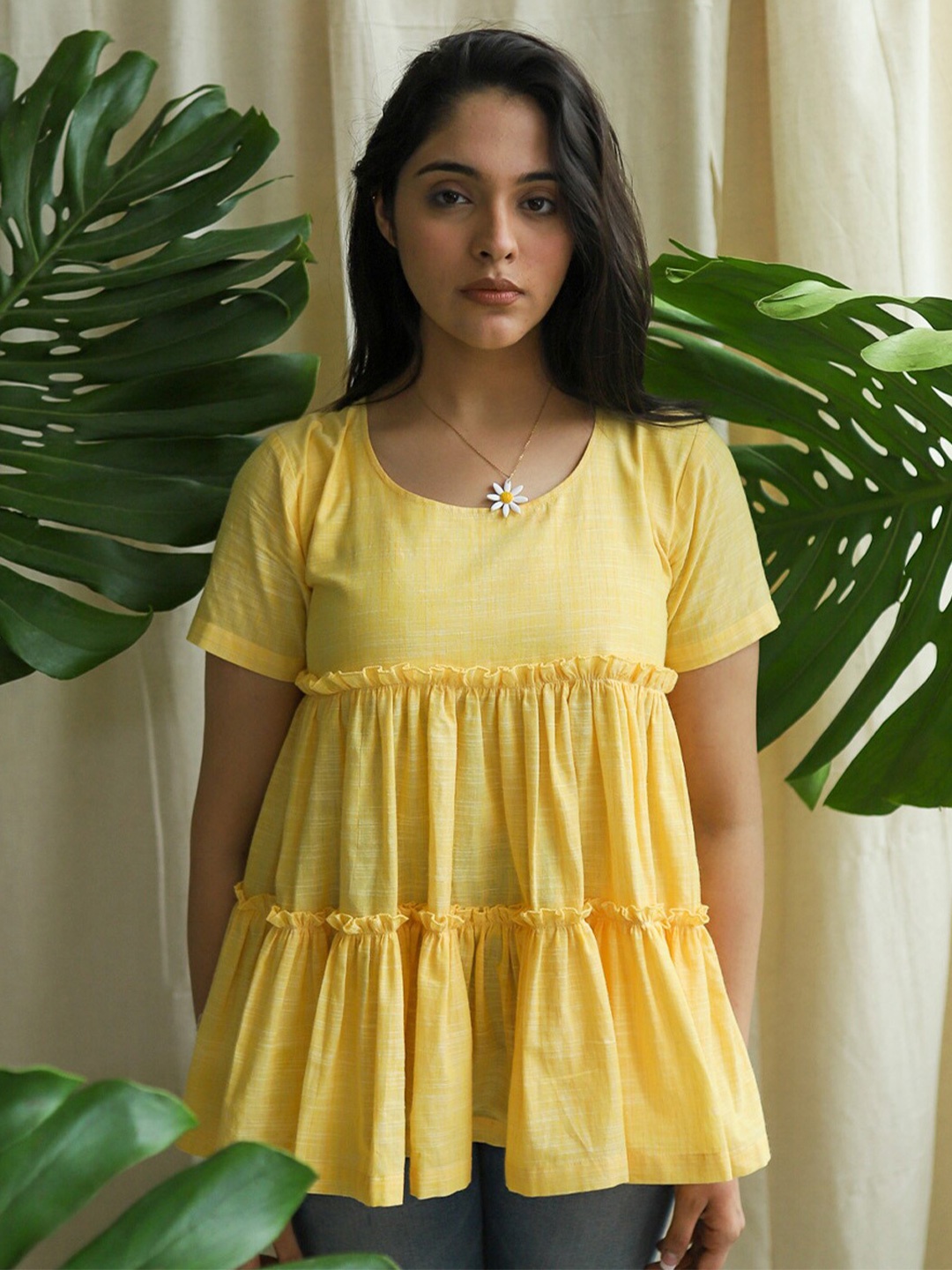 

SPARROW Round Neck Short Sleeves Pleated Cotton Top, Yellow