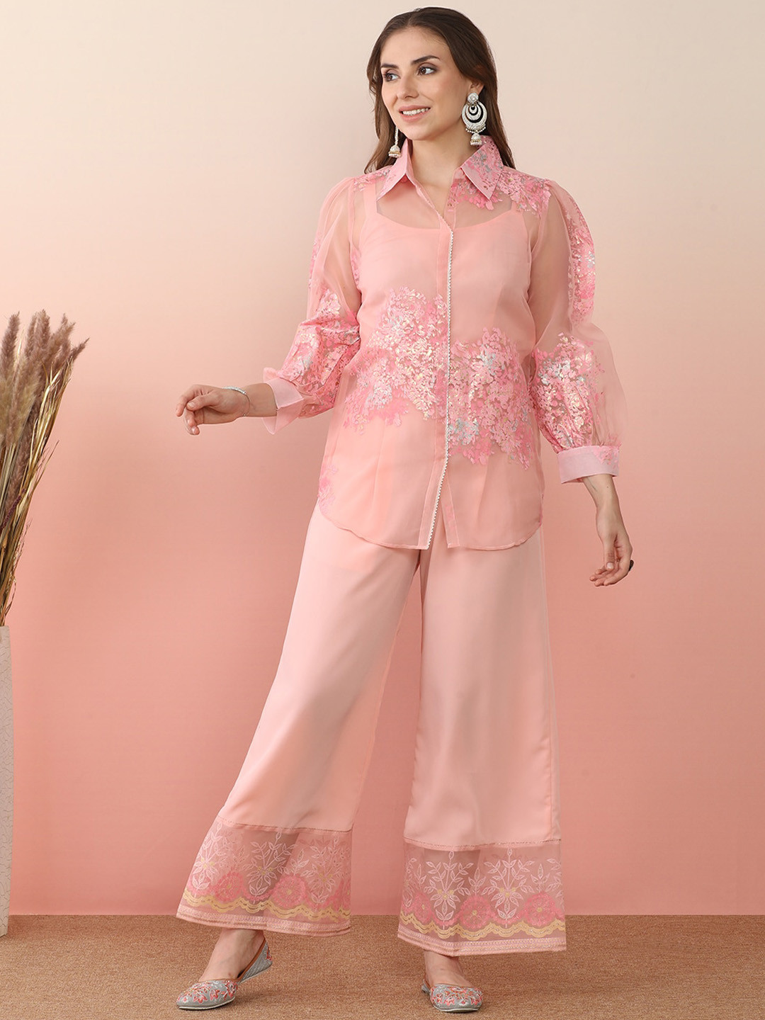 

Ahalyaa Pink Shoulder Straps Top & Palazzo With Jacket