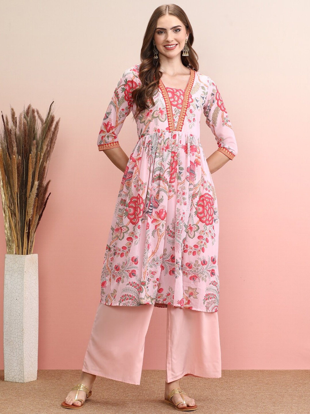 

Ahalyaa Floral Printed Square Neck Regular Sleeves A-Line Kurta Set, Pink