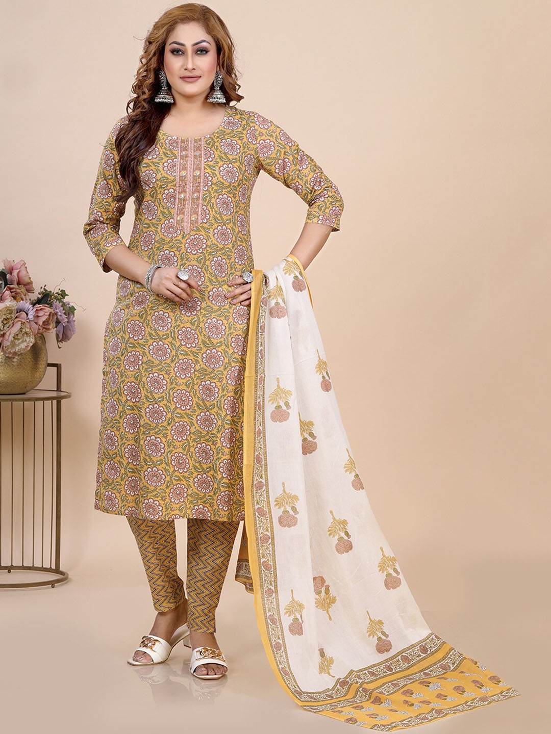 

Amchoor Floral Printed Round Neck Block Print Kurta With Trouser & Dupatta, Mustard