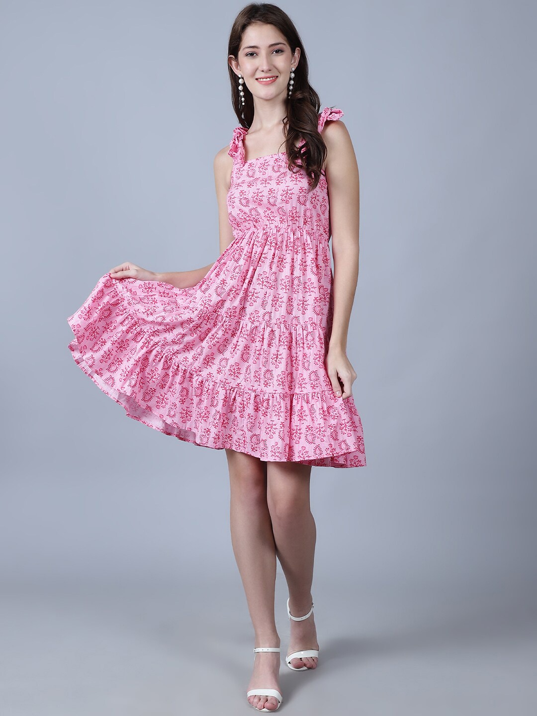 

MARC LOUIS Floral Printed Cotton Fit & Flare Dress, Pink