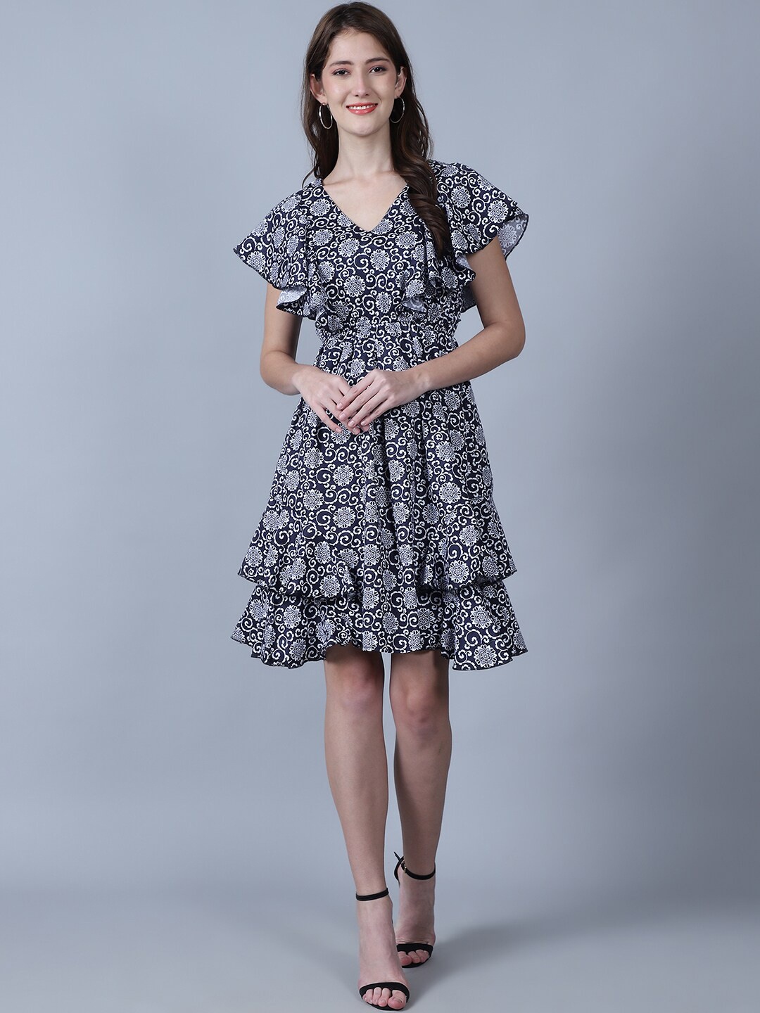 

MARC LOUIS Geometric Printed V Neck Flared Sleeves Cotton Fit & Flare Dress, Black