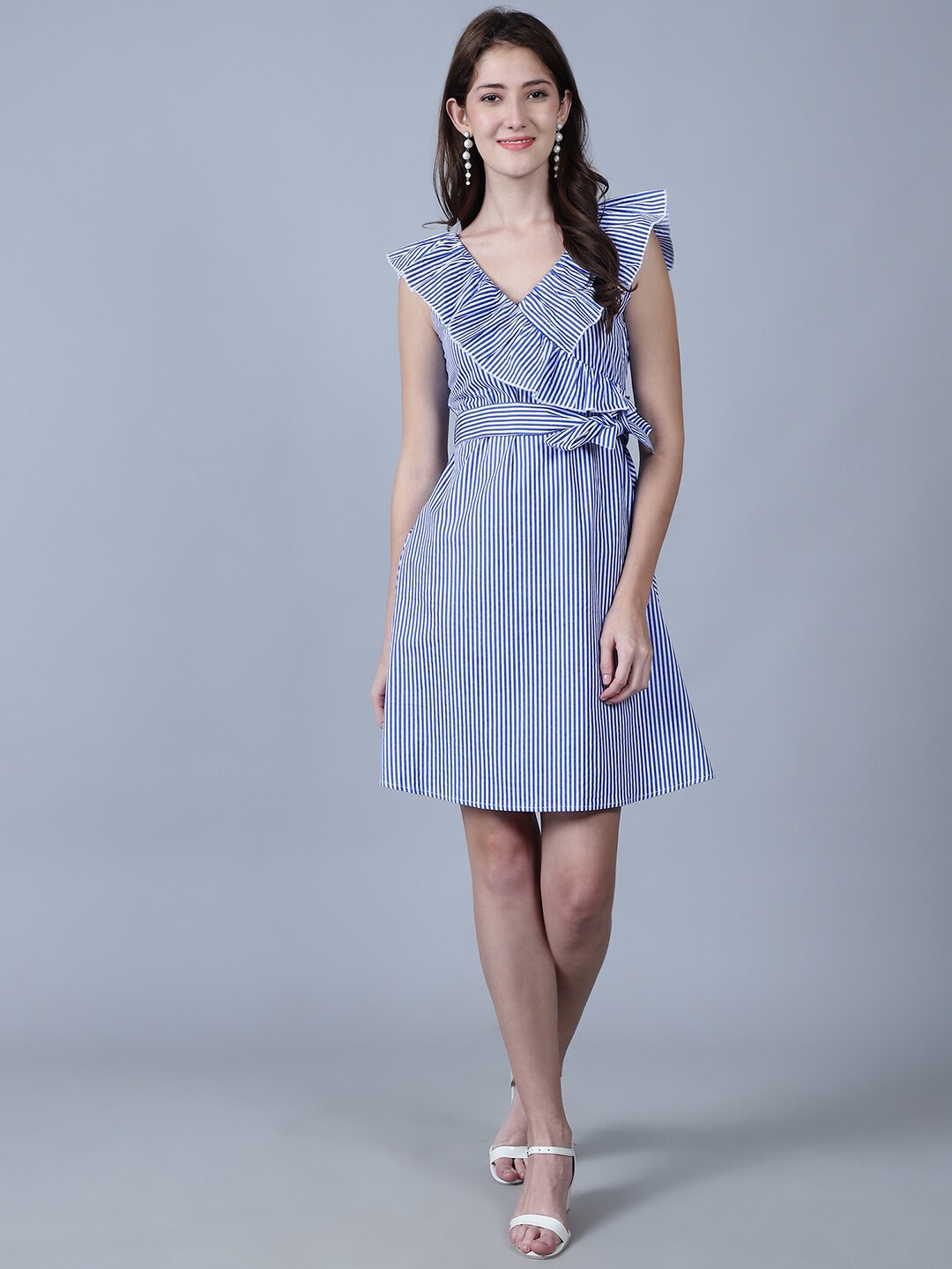 

MARC LOUIS Vertical Striped Flutter Sleeve Cotton Fit & Flare Dress, Blue