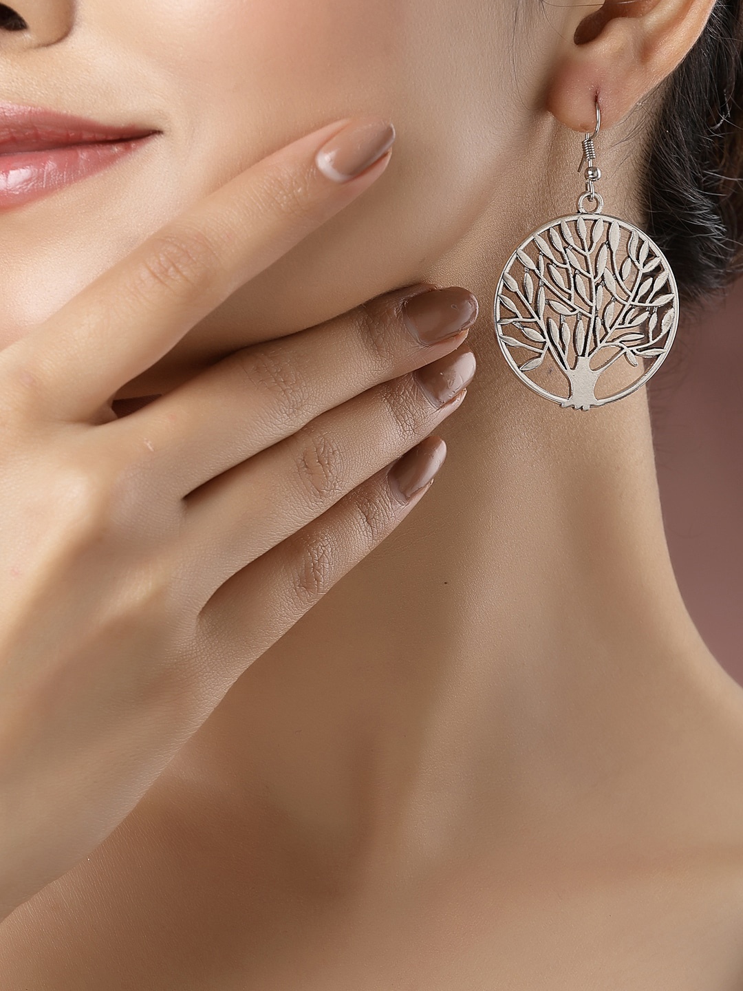 

NVR Silver-Plated Circular Oxidised Drop Earrings