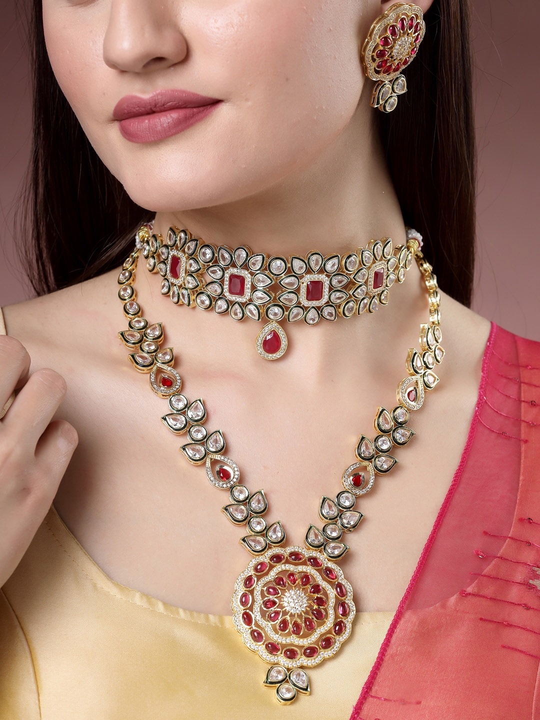 

NVR Set of 2 Gold-Plated Kundan-Studded Jewellery Set