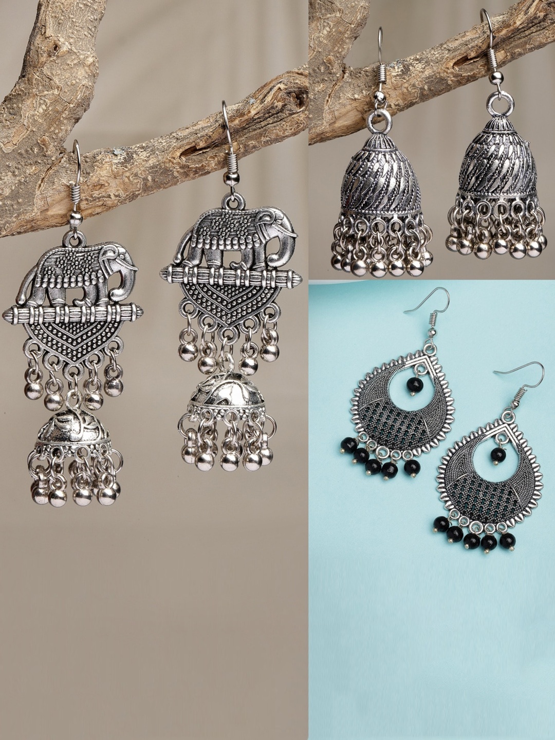 

NVR Set of 3 Silver-Plated Oxidised Dome Shaped Jhumkas