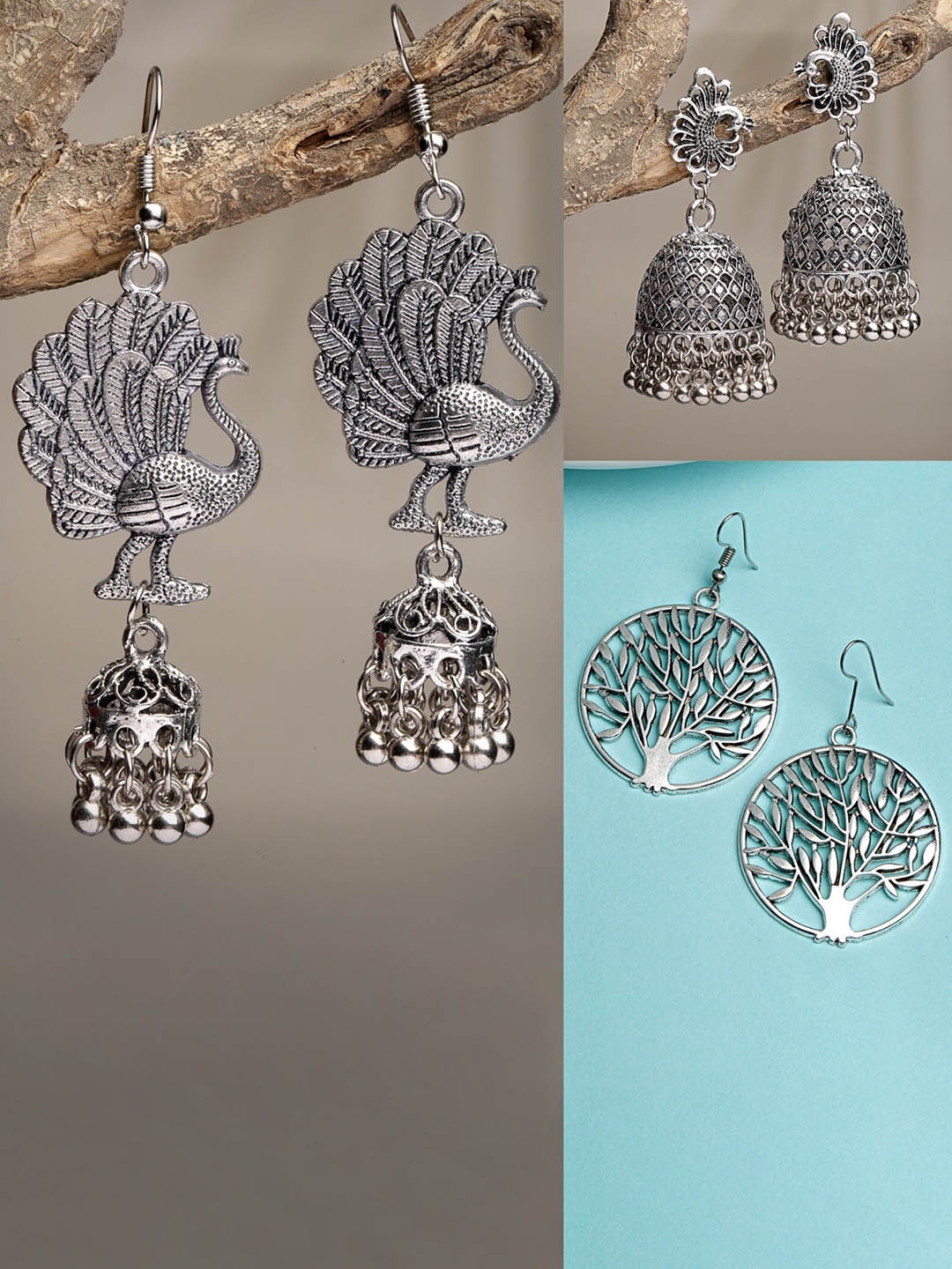 

NVR Set of 3 Silver-Plated Oxidised Dome Shaped Jhumkas