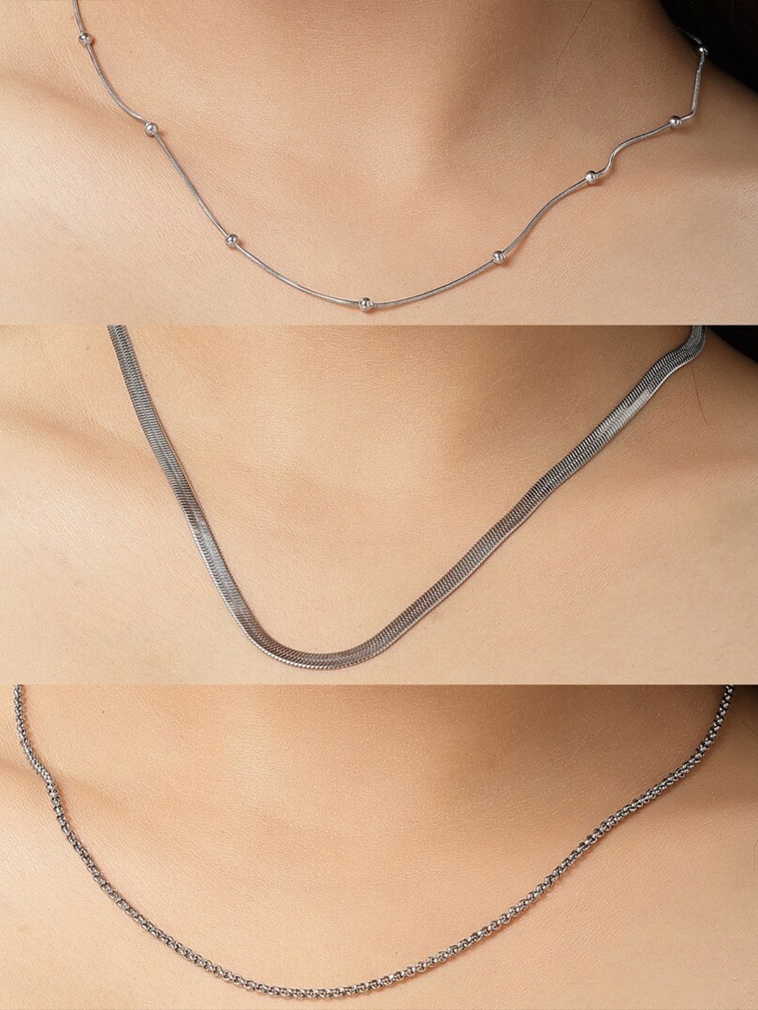 

NVR Women Set of 3 Silver-Toned German Silver Oxidised Minimal Chain