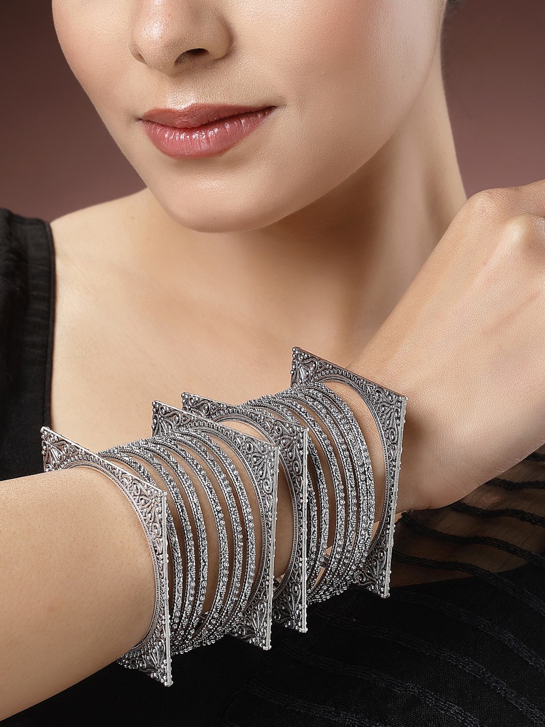 

NVR Women Set of 16 Silver-Toned German Silver Oxidised Bangles