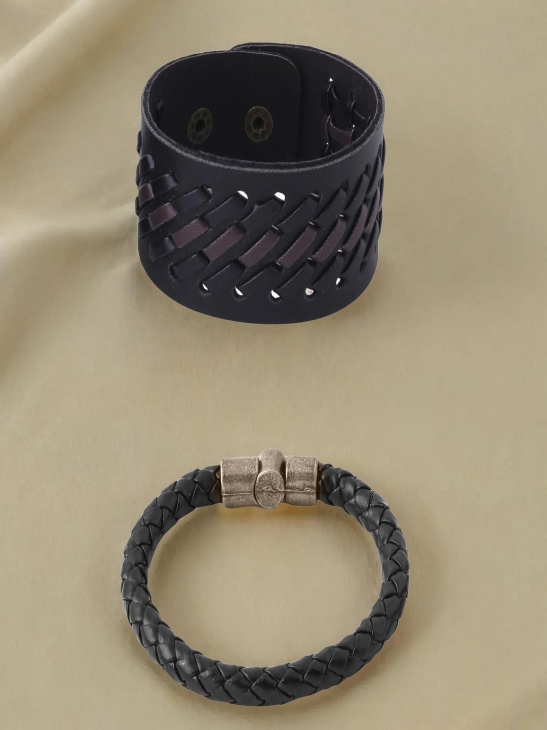 

NVR Men Set of 2 Leather Wraparound Bracelet, Black