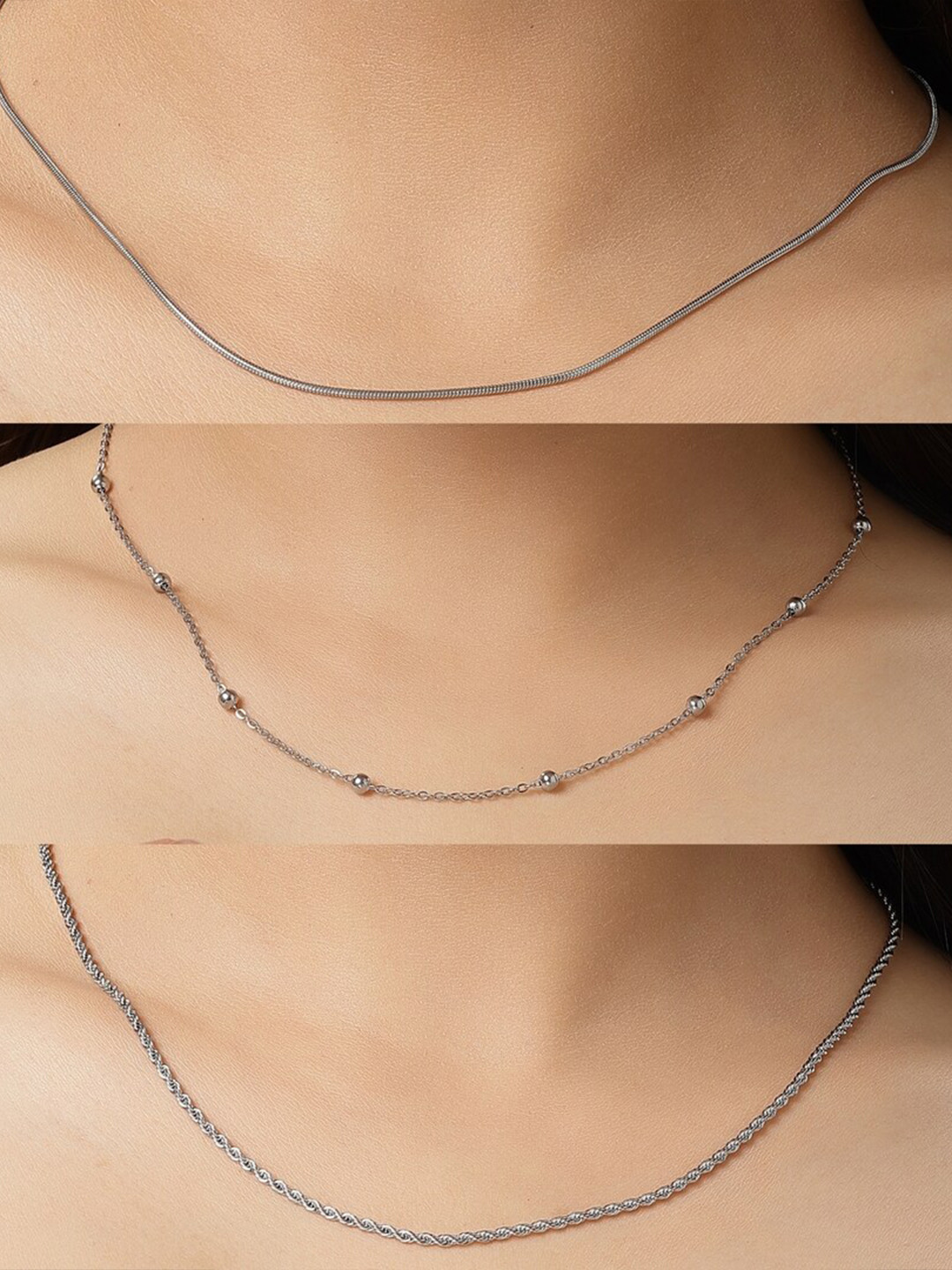 

NVR Women Set of 3 Silver-Toned German Silver Oxidised Minimal Chain
