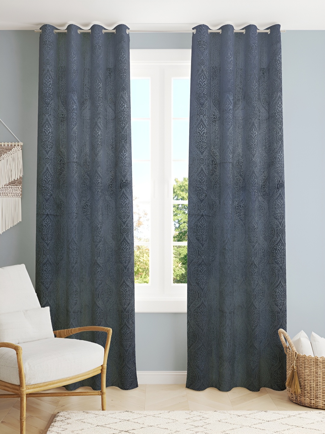 

Aura Grey Velvet Embossed Grey 2 Pieces Floral Printed Room Darkening Door Curtains