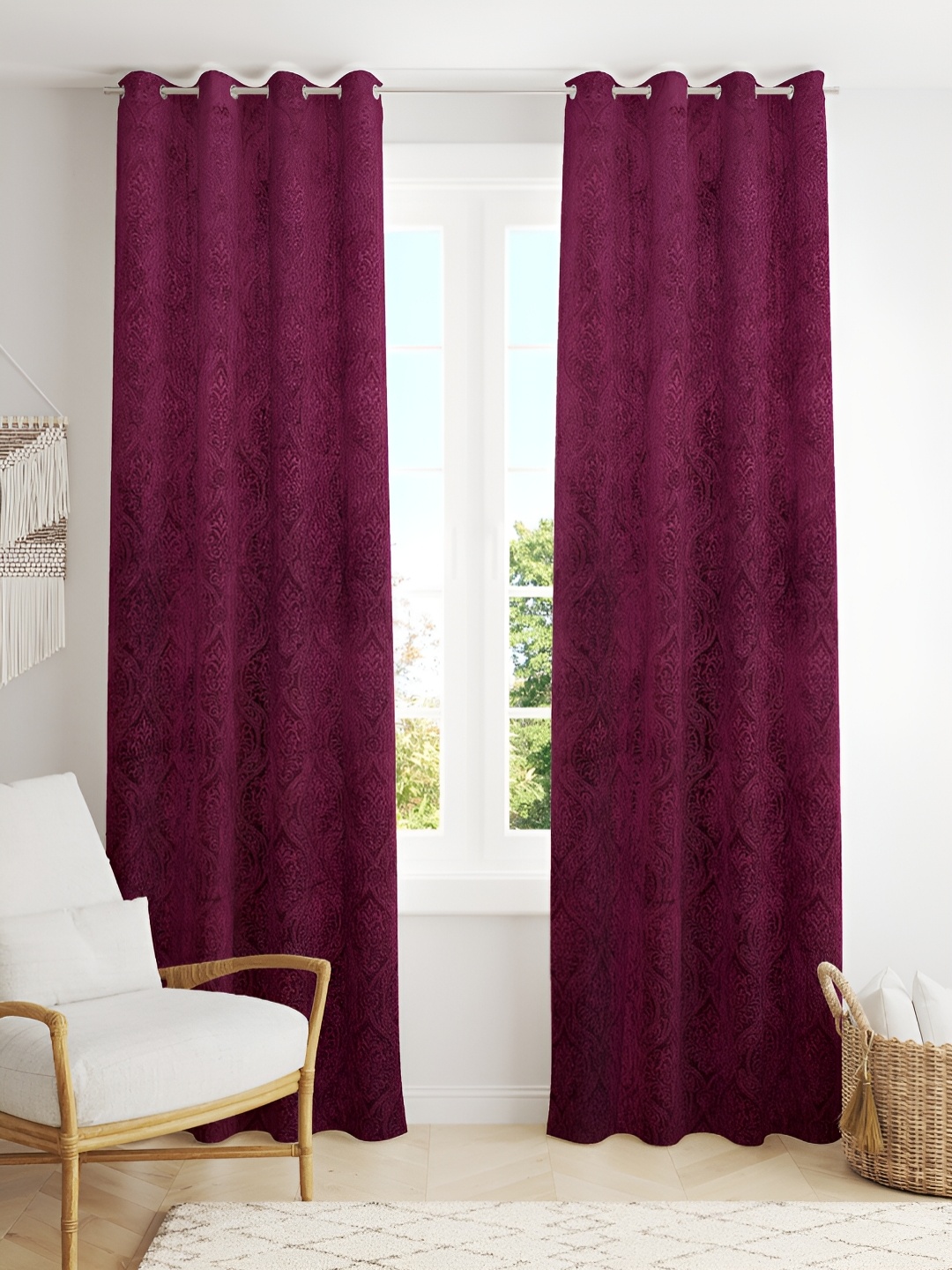 

Aura Burgundy 2 Pieces Self Design Velvet Room Darkening Long Door Curtains