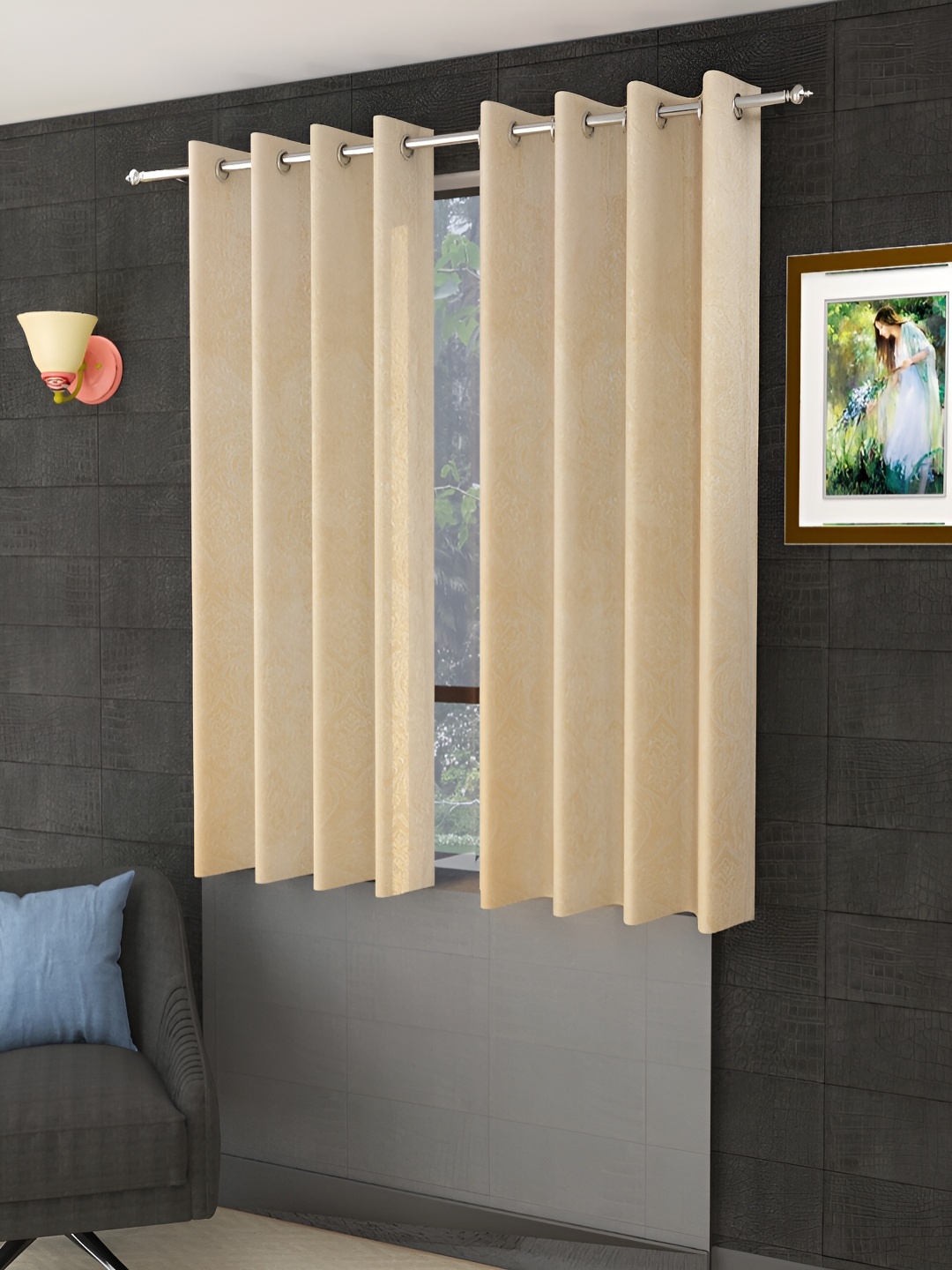 

Aura Cream-Coloured 2 Pieces Self Design Velvet Room Darkening Window Curtains