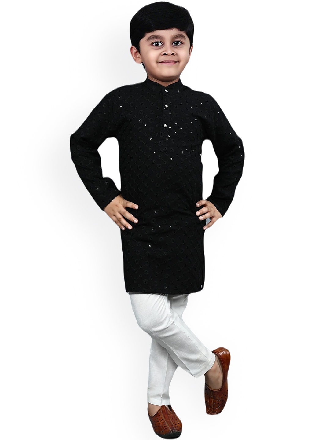 

BAESD Boys Ethnic Motifs Embroidered Mandarin Collar Sequinned Straight Kurta With Pyjama, Black