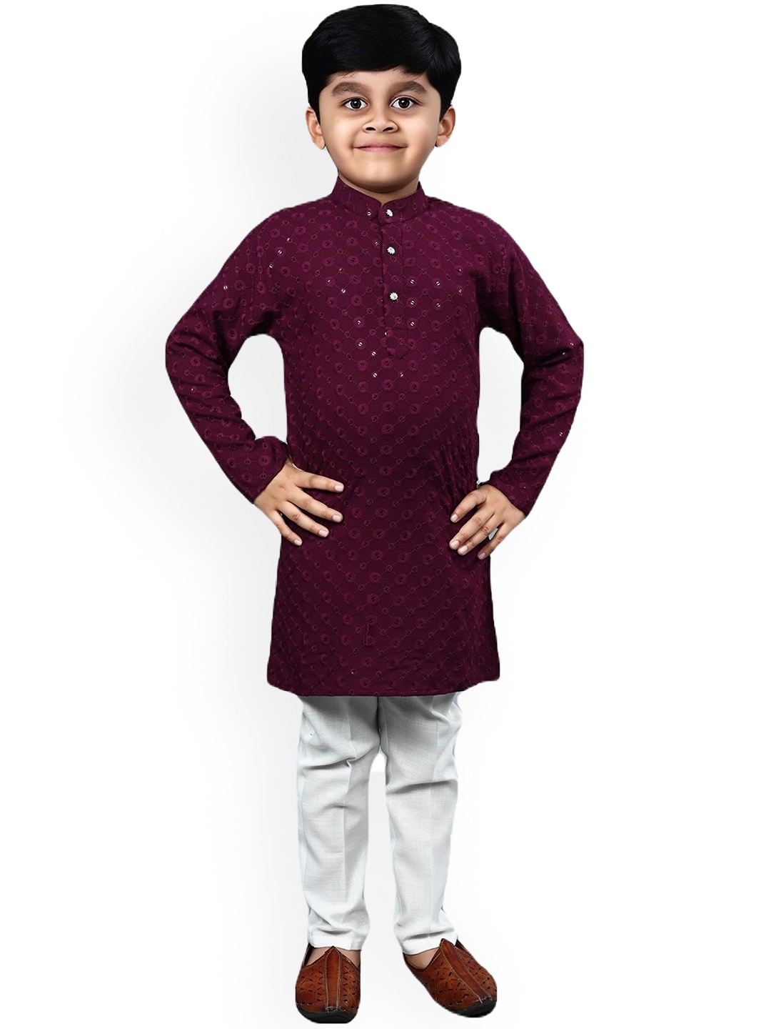 

BAESD Boys Ethnic Motifs Embroidered Mandarin Collar Sequinned Straight Kurta With Pyjama, Maroon