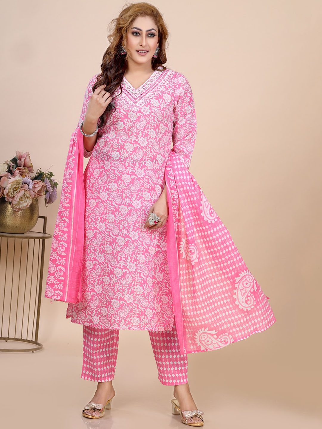 

Amchoor Floral Printed Pure Cotton Mirror Work Straight Kurta with Trousers & Dupatta, Pink
