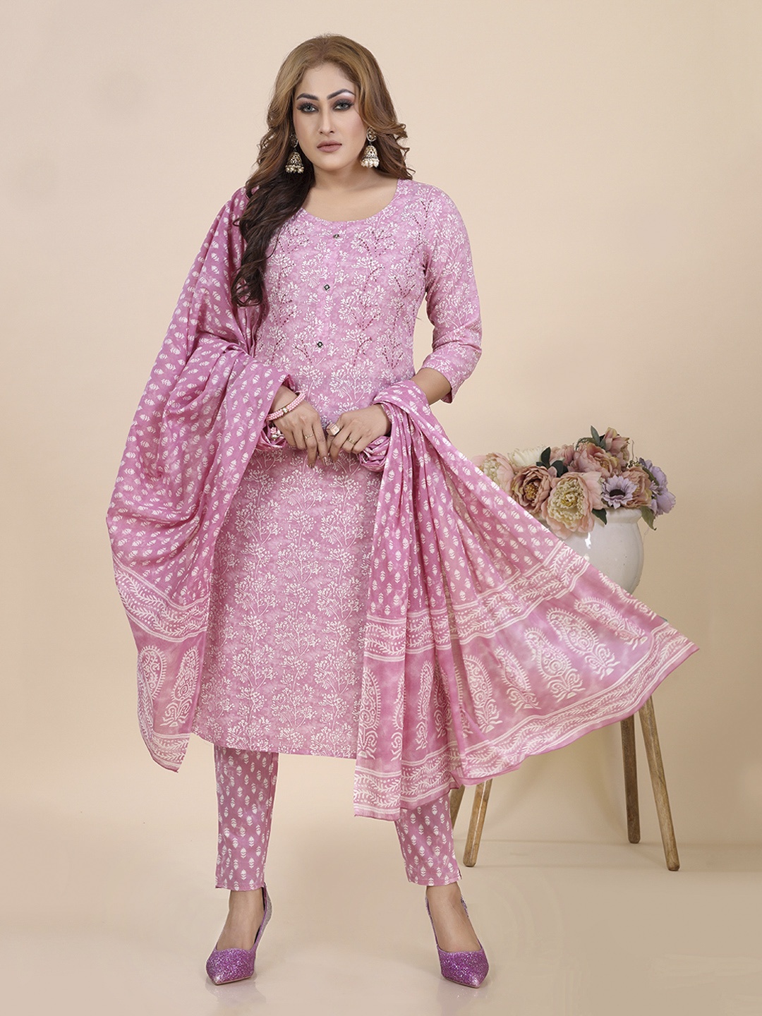 

Amchoor Floral Printed Sequinned Pure Cotton Straight Kurta With Trousers & Dupatta, Pink