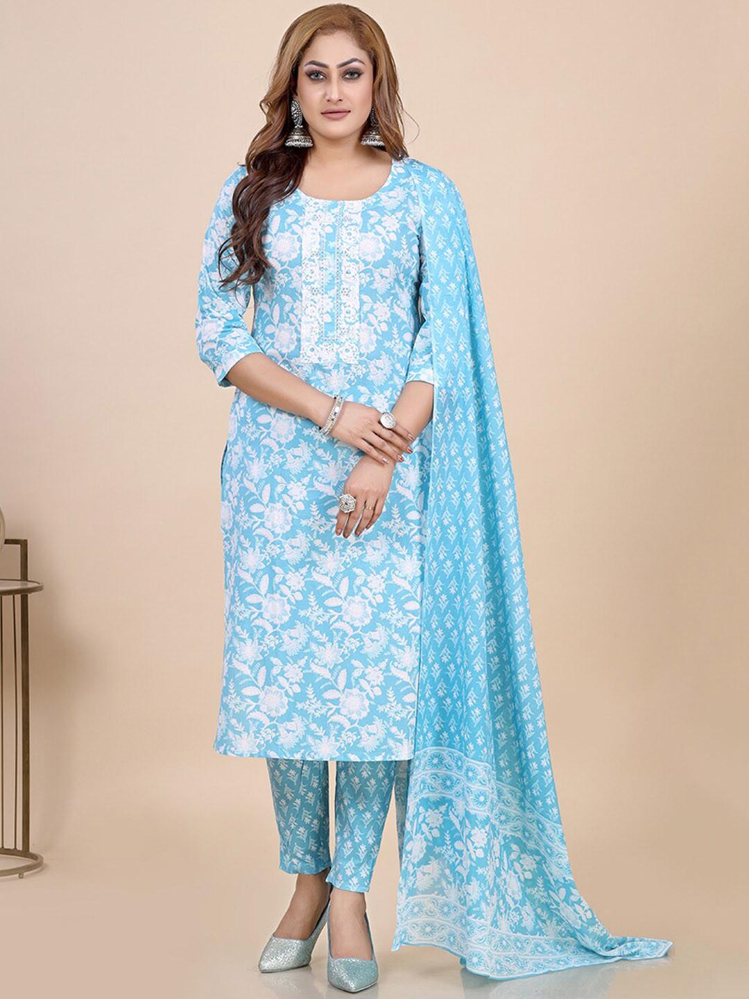 

Amchoor Floral Embroidered Round Neck Straight Kurta with Trousers & With Dupatta, Blue