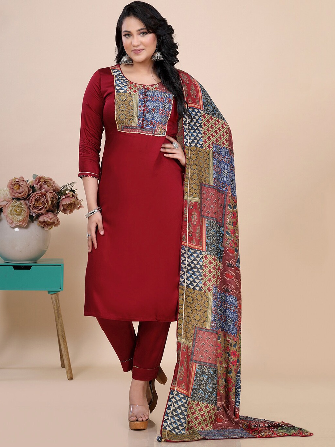 

Amchoor Ethnic Motifs Yoke Design Ajhrakh Block Print Satin Kurta With Trouser & Dupatta, Maroon