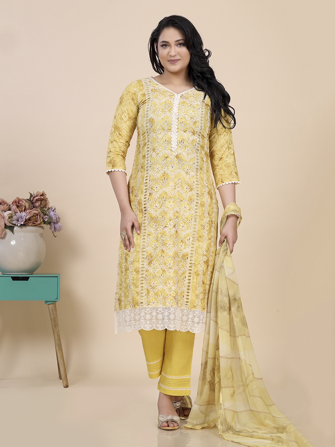 

Amchoor Ethnic Motifs Embroidered Thread Work Straight Kurta With Trousers & Dupatta, Yellow