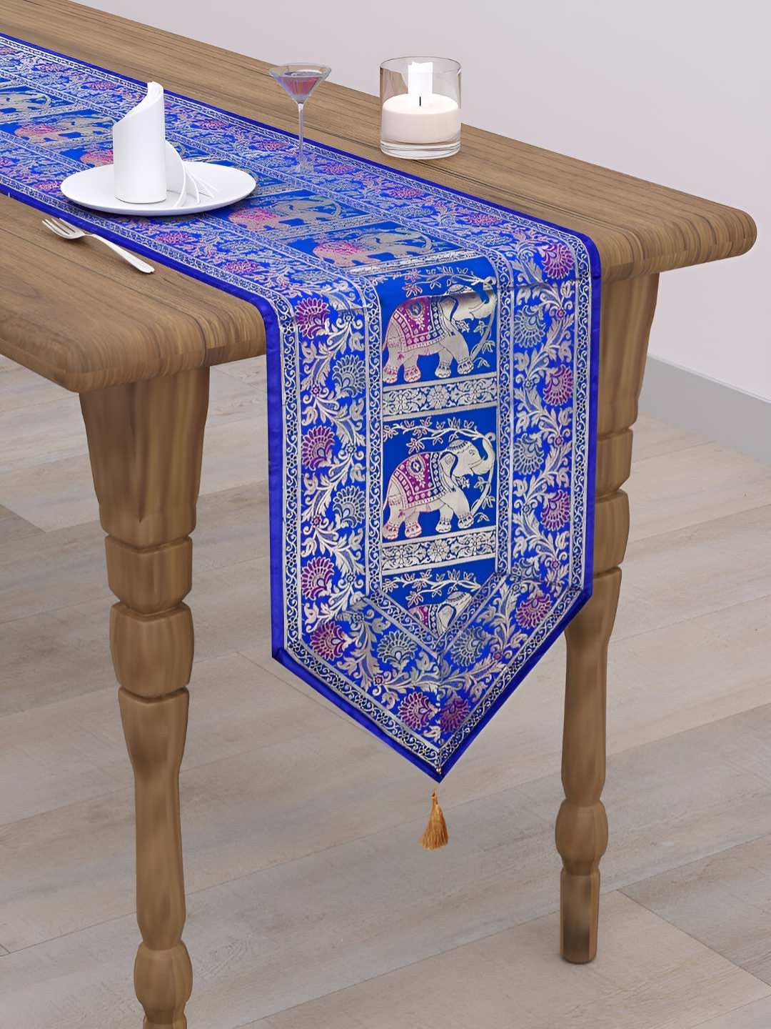 

E-Ezra Blue Ethnic Motifs Pure Silk Table Runner
