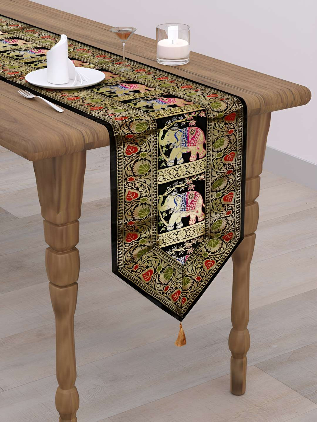 

E-Ezra Black & Red Floral Pure Silk Table Runner