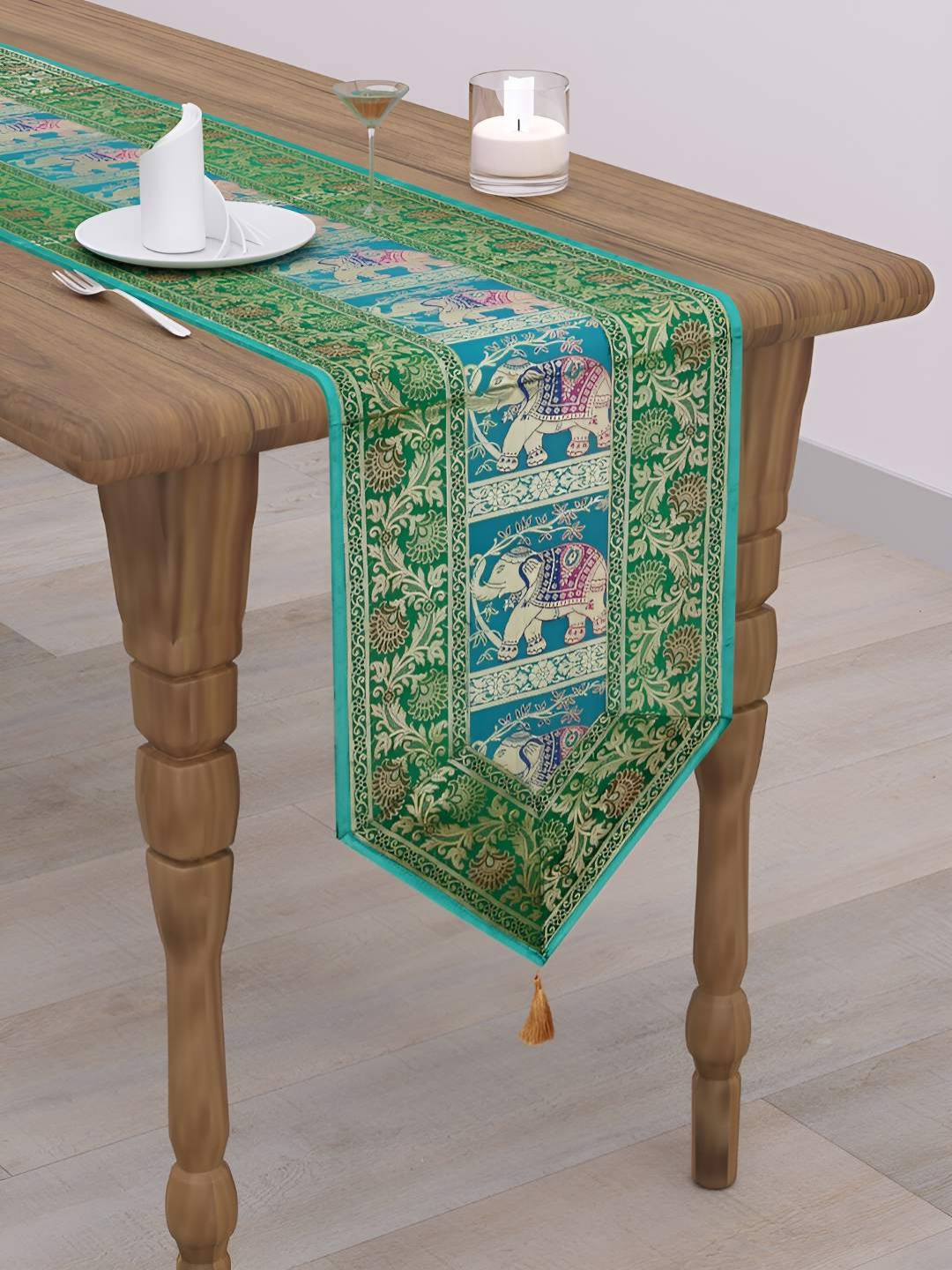 

E-Ezra Green & Blue Ethnic Motifs Pure Silk Table Runner