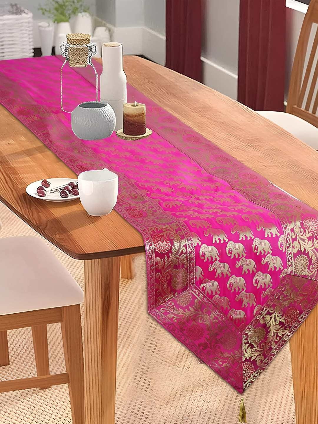 

E-Ezra Pink Ethnic Motifs Pure Silk Table Runner