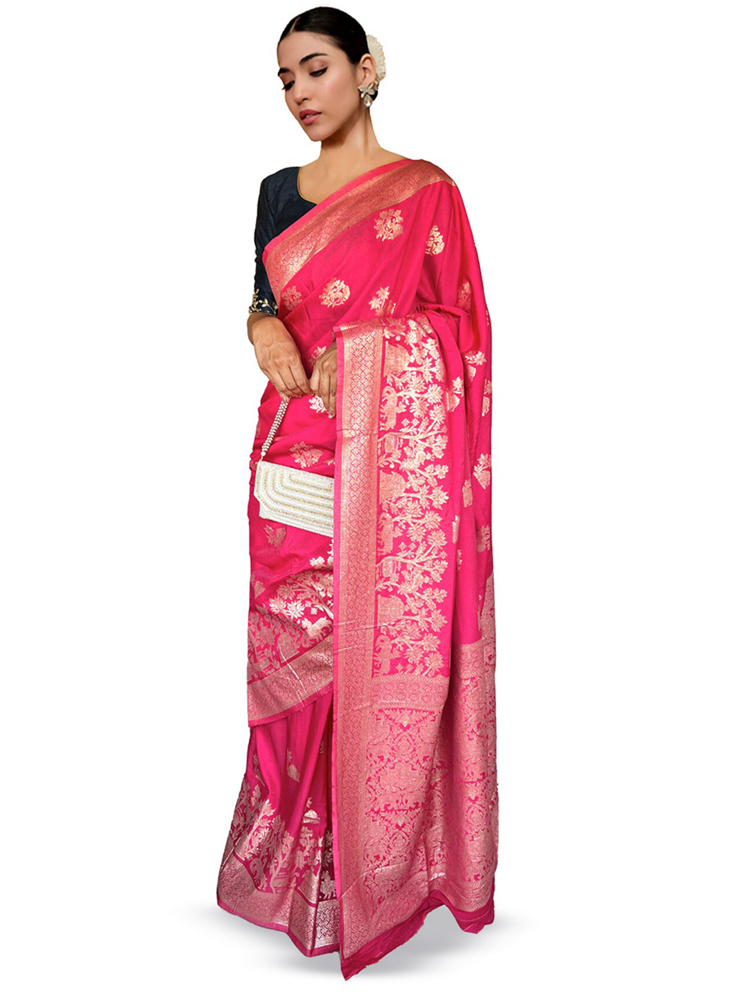 

NK Textiles Floral Woven Design Zari Silk Cotton Banarasi Saree, Pink