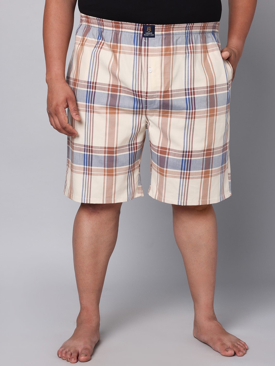 

URBAN SCOTTISH Plus Size Checked Pure Cotton Boxers USBX140, Beige