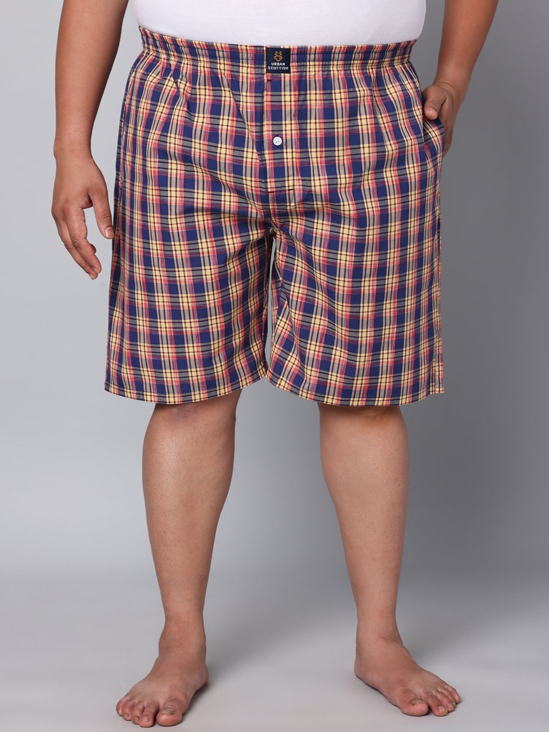 

URBAN SCOTTISH Plus Size Checked Pure Cotton Boxers USBX130, Navy blue