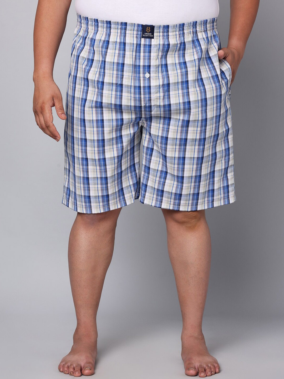 

URBAN SCOTTISH Plus Size Checked Pure Cotton Boxers USBX142, Blue