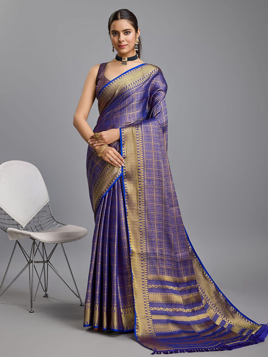 

Mitera Navy Blue Checked Woven Design Zari Banarasi Saree