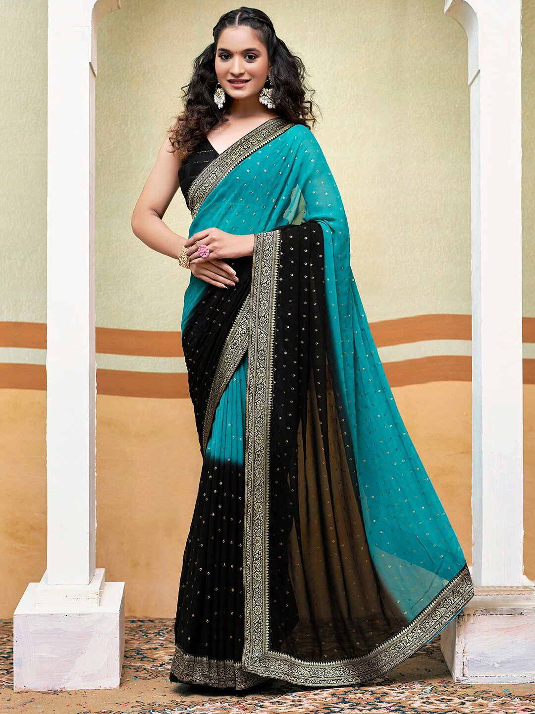 

Mitera Polka Dot Gotta Patti Pure Georgette Ikat Saree, Teal