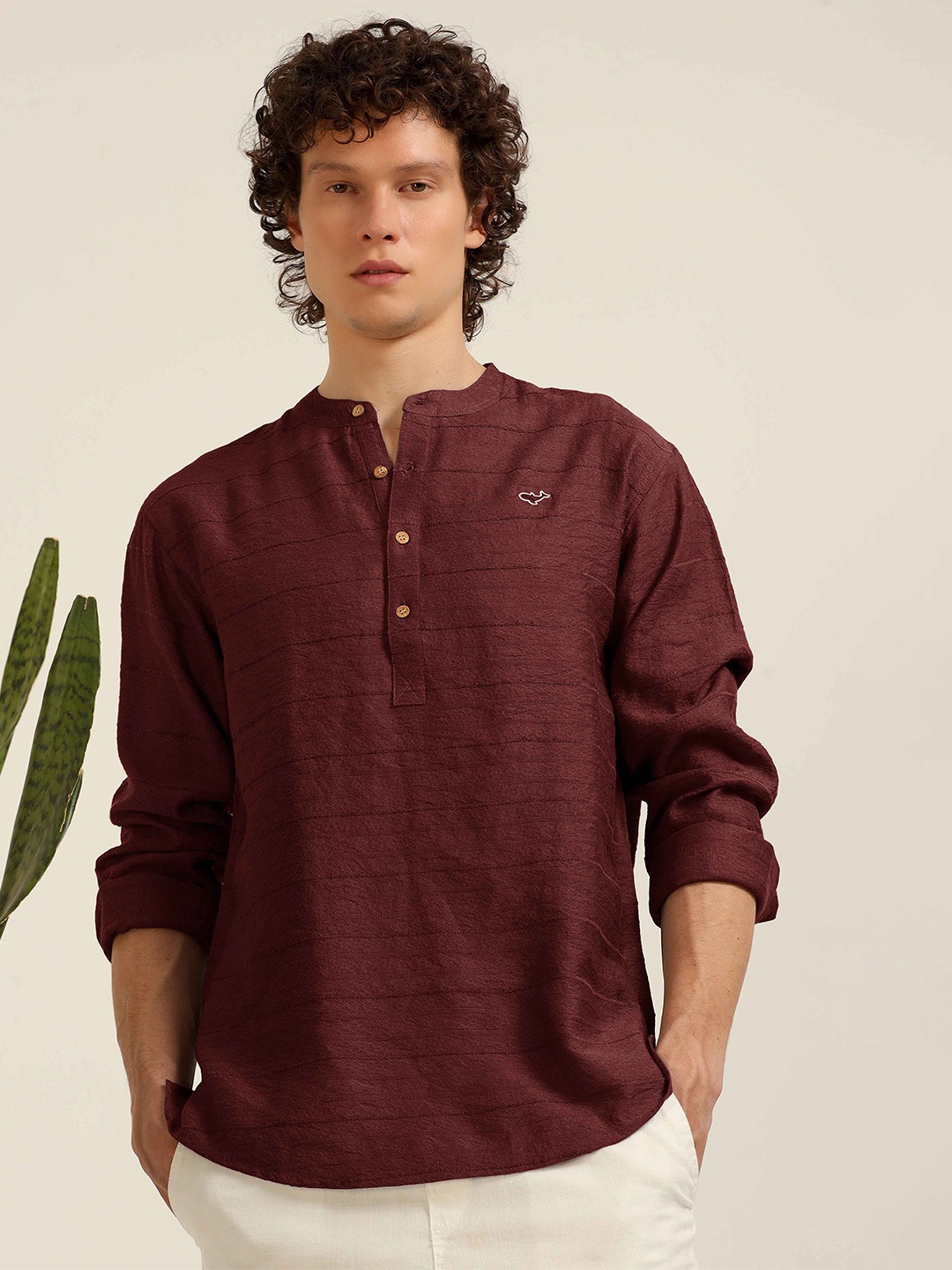 

HAMPTONS Mandarin Collar Cotton Casual Shirt, Maroon